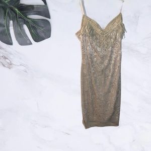 Beige Tan Embroidered Velvet Spaghetti Bodycon Midi Dress Size Medium